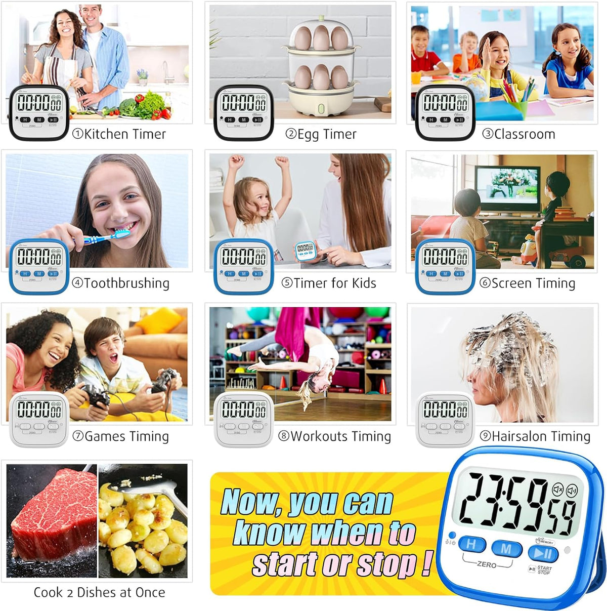 2-Pack Magnetic Kitchen Timers for Cooking, Digital Stop Watch Countdown Timer for Kids, Teachers, Classroom, Office, Exercise - Battery Included