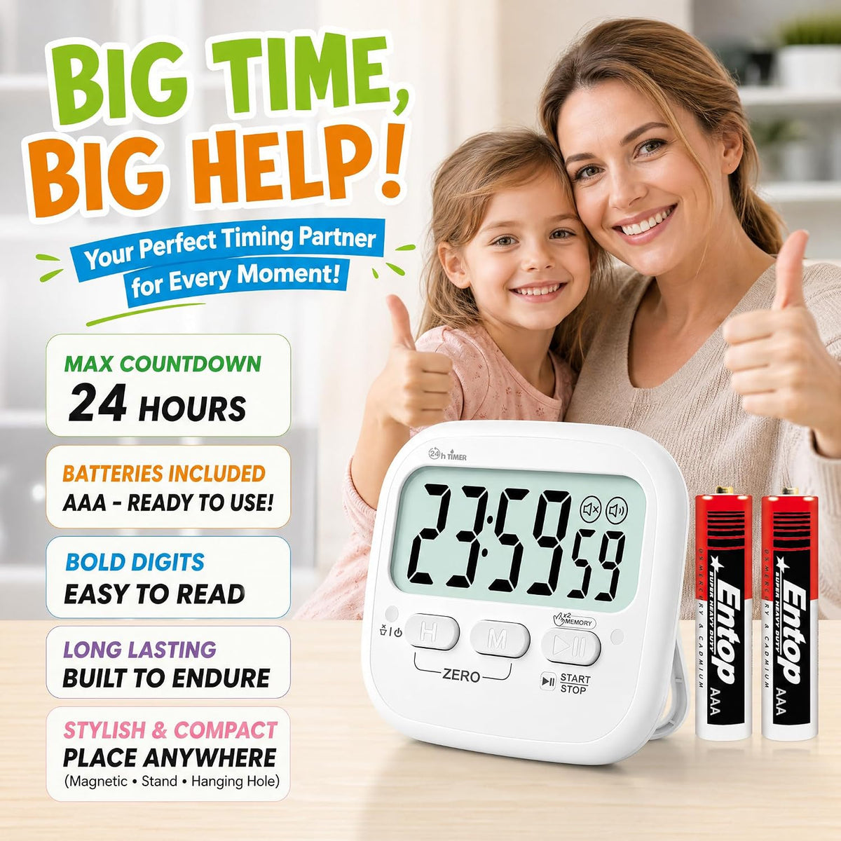 2-Pack Magnetic Kitchen Timers for Cooking, Digital Stop Watch Countdown Timer for Kids, Teachers, Classroom, Office, Exercise - Battery Included