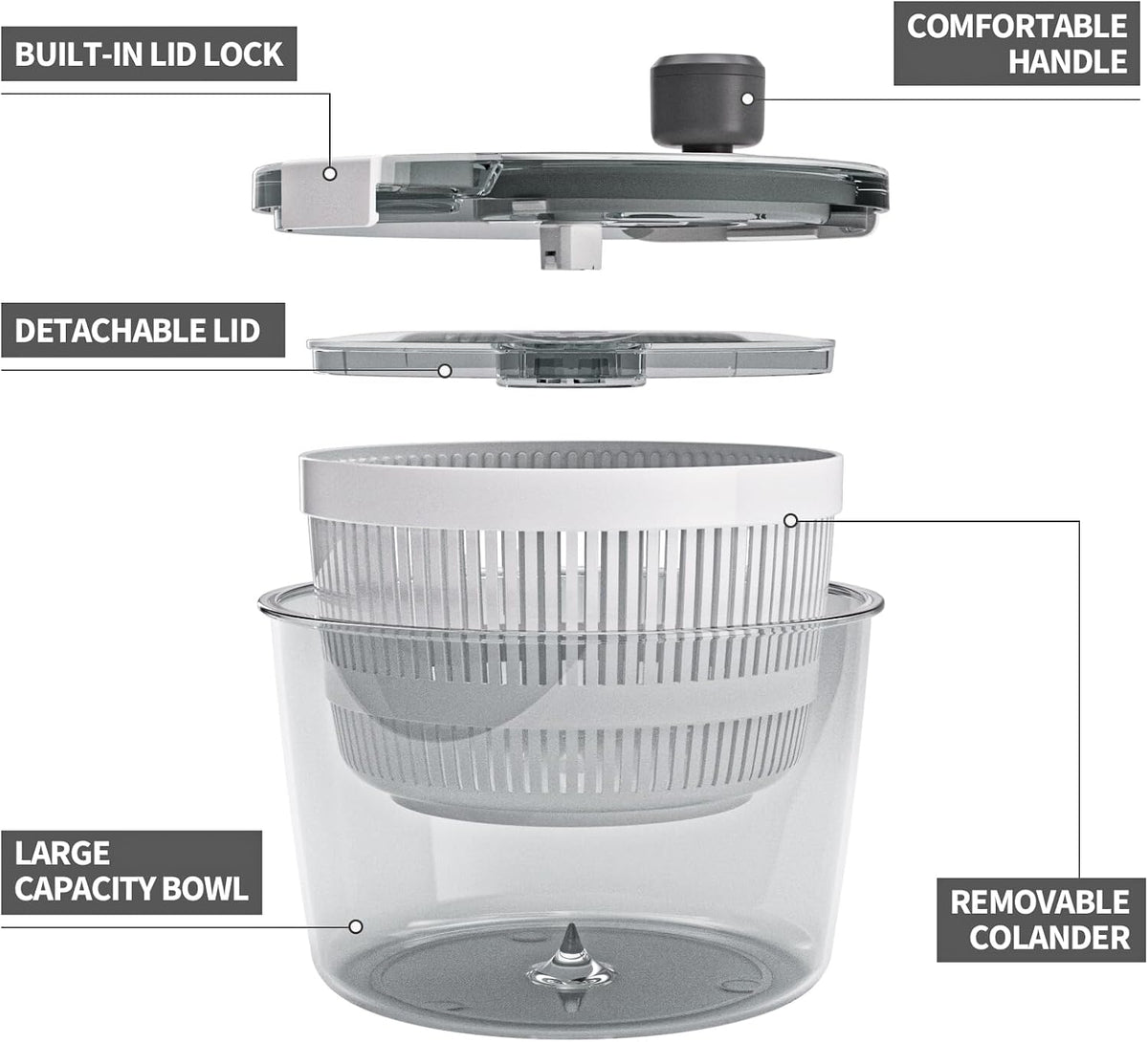 Salad Spinner Lettuce Spinner, Wash, Spin & Dry Salad Greens, Vegetable Washer Salad Dryer With Rotary Handle for Fruits & Vegetables, High Efficiency Vegetable Spinner Kitchen Gadget 3Qt White
