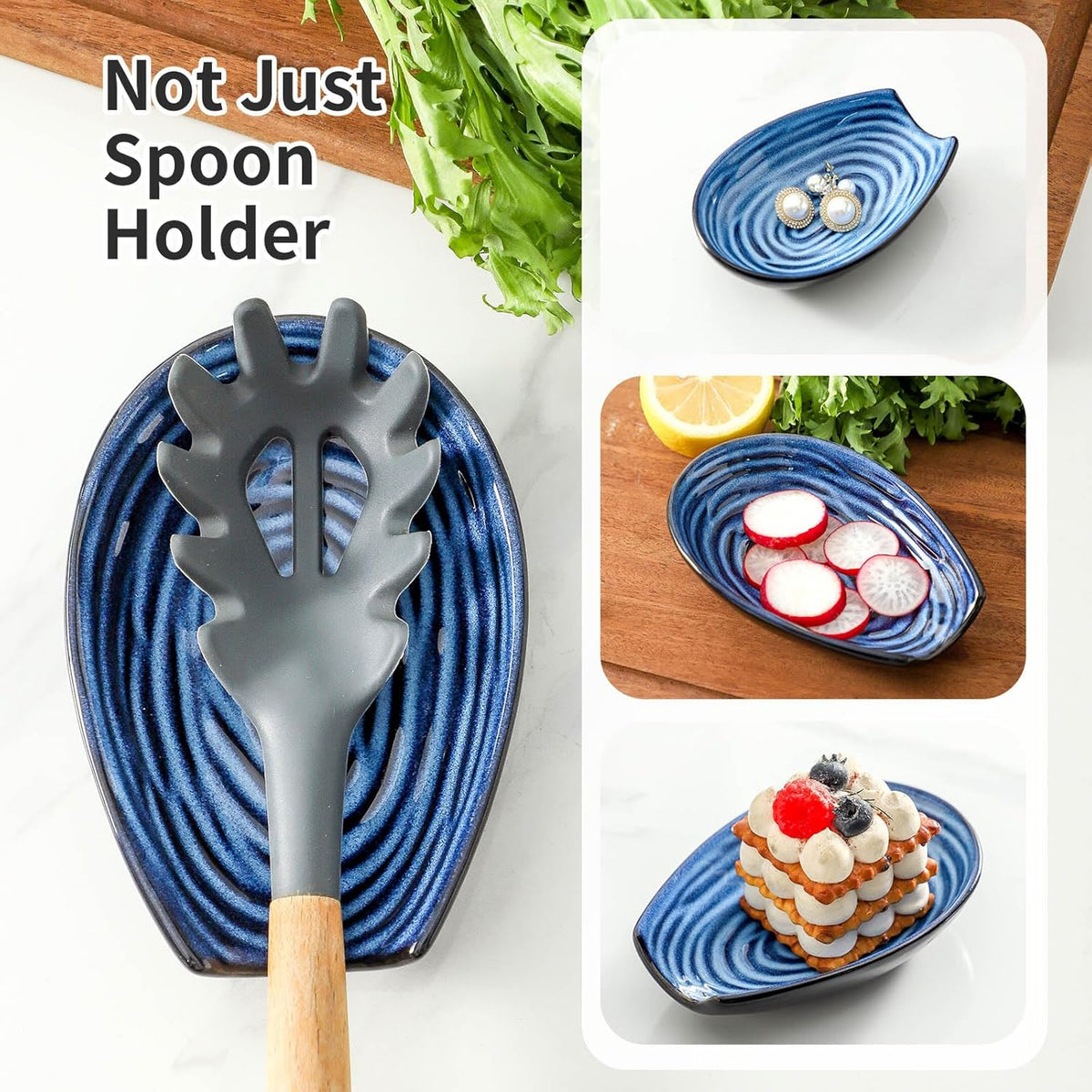 Ceramic Spoon Rest for Kitchen Counter, 5.7 Inch Blue Porcelain Spoon Holder Farmhouse Cooking and Coffee Spoon Rest for Stove Top, 1 PC