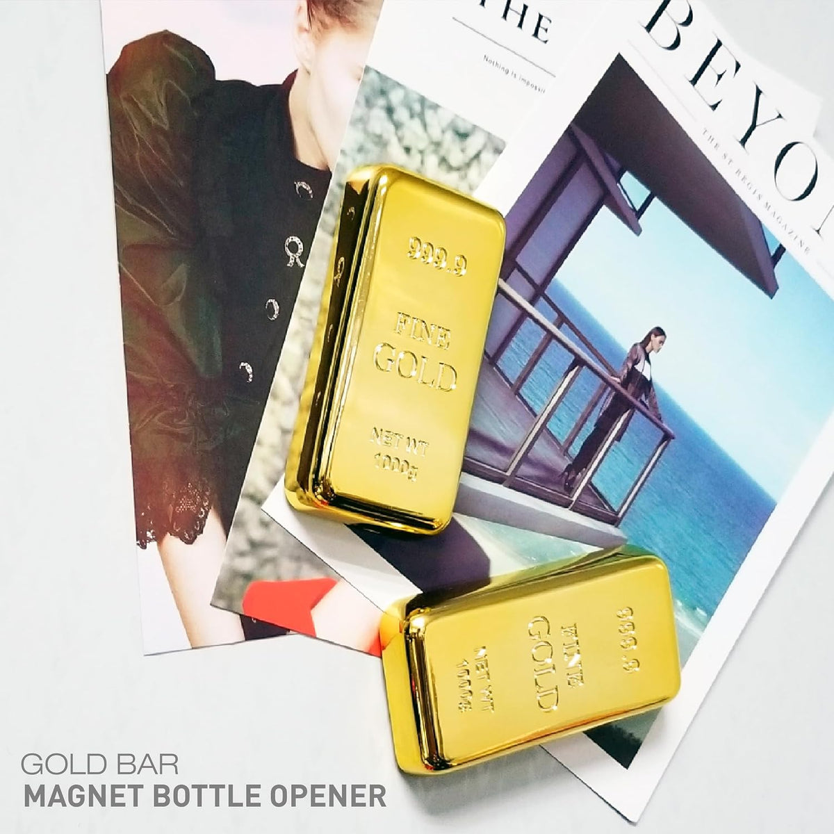 Gold Bar Bottle Opener - Magnetic Fridge Opener with Luxurious Gold Brick Design, Durable Metal Tool for Home, Kitchen, or Bar Accessories 2 Pack