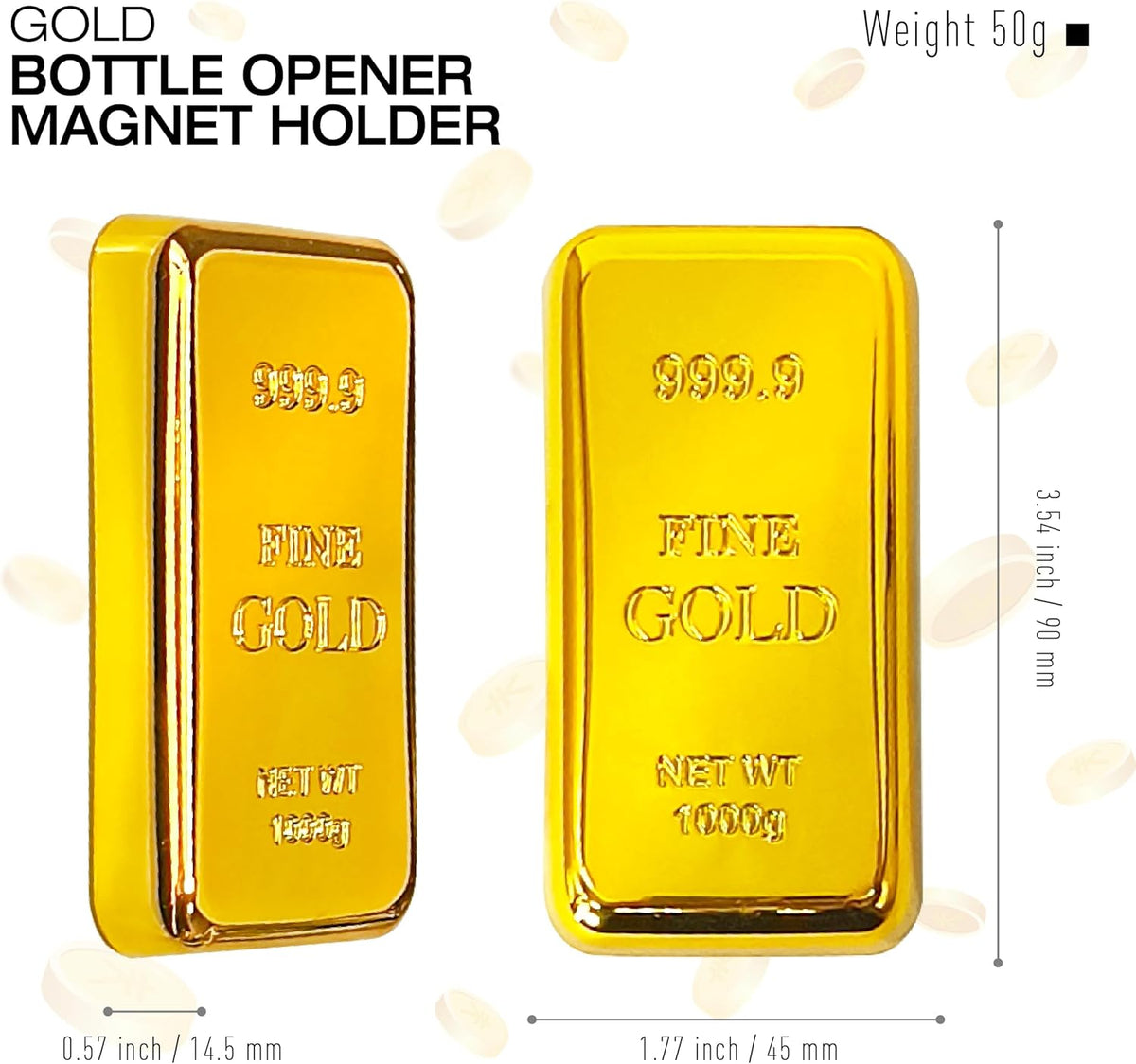 Gold Bar Bottle Opener - Magnetic Fridge Opener with Luxurious Gold Brick Design, Durable Metal Tool for Home, Kitchen, or Bar Accessories 2 Pack