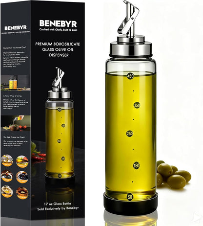 Glass Olive Oil Dispenser Bottle for Kitchen Shatterproof & Leakproof Cooking Oil Dispenser with Stainless Steel Spout & Rubber Bottom 17 oz Heat Resistant Olive Oil Bottle