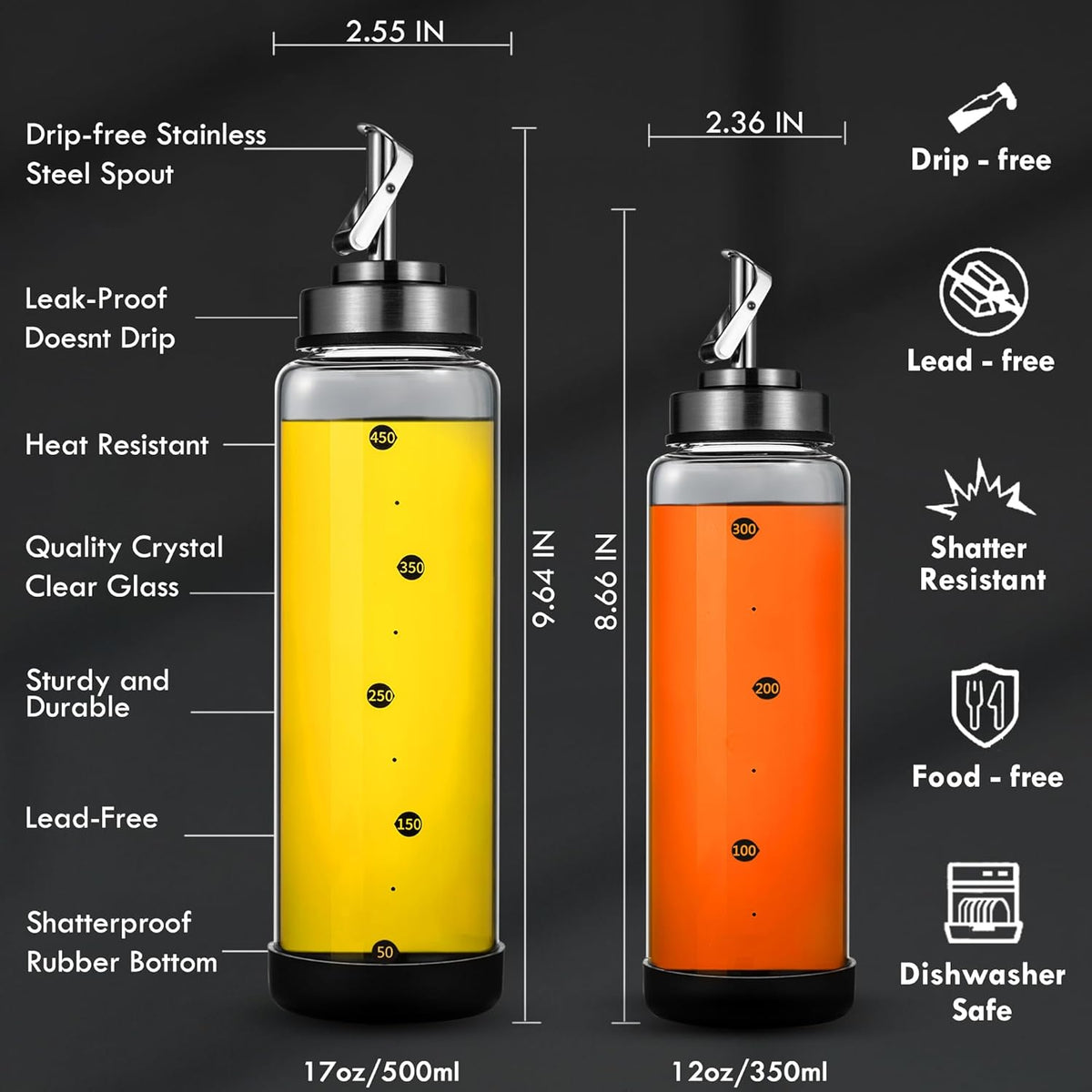 Glass Olive Oil Dispenser Bottle for Kitchen Shatterproof & Leakproof Cooking Oil Dispenser with Stainless Steel Spout & Rubber Bottom 17 oz Heat Resistant Olive Oil Bottle