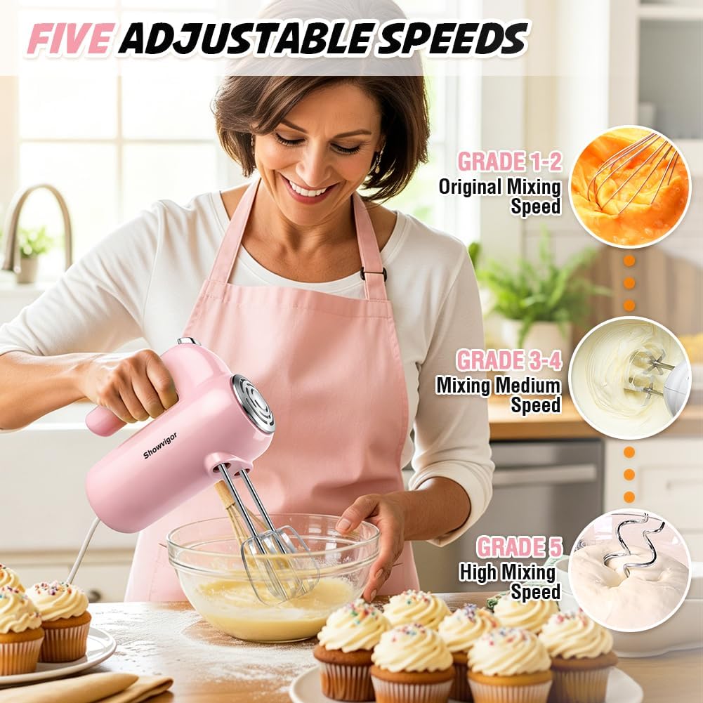 Hand Mixer, 5-Speed Electric Whisk with Turbo Boost Includes 5 Stainless Steel Attachments - Great Stand Mixer Alternative for Baking Cakes, Bread & More
