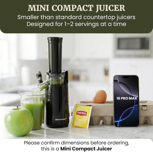 EJX600 Mini Compact Small Space-Saving Masticating Slow Juicer Cold Press Juice Extractor, Nutrient and Vitamin Dense, BPA-Free Tritan, Easy to Clean, 16 oz Juice Cup, Charcoal Grey