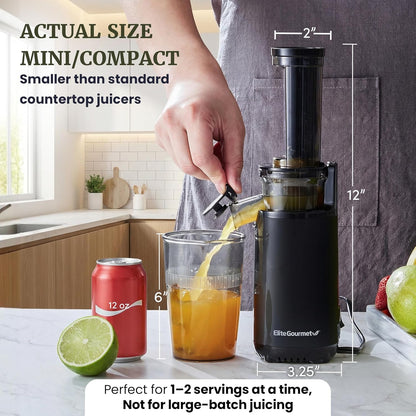 EJX600 Mini Compact Small Space-Saving Masticating Slow Juicer Cold Press Juice Extractor, Nutrient and Vitamin Dense, BPA-Free Tritan, Easy to Clean, 16 oz Juice Cup, Charcoal Grey