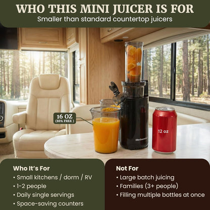 EJX600 Mini Compact Small Space-Saving Masticating Slow Juicer Cold Press Juice Extractor, Nutrient and Vitamin Dense, BPA-Free Tritan, Easy to Clean, 16 oz Juice Cup, Charcoal Grey