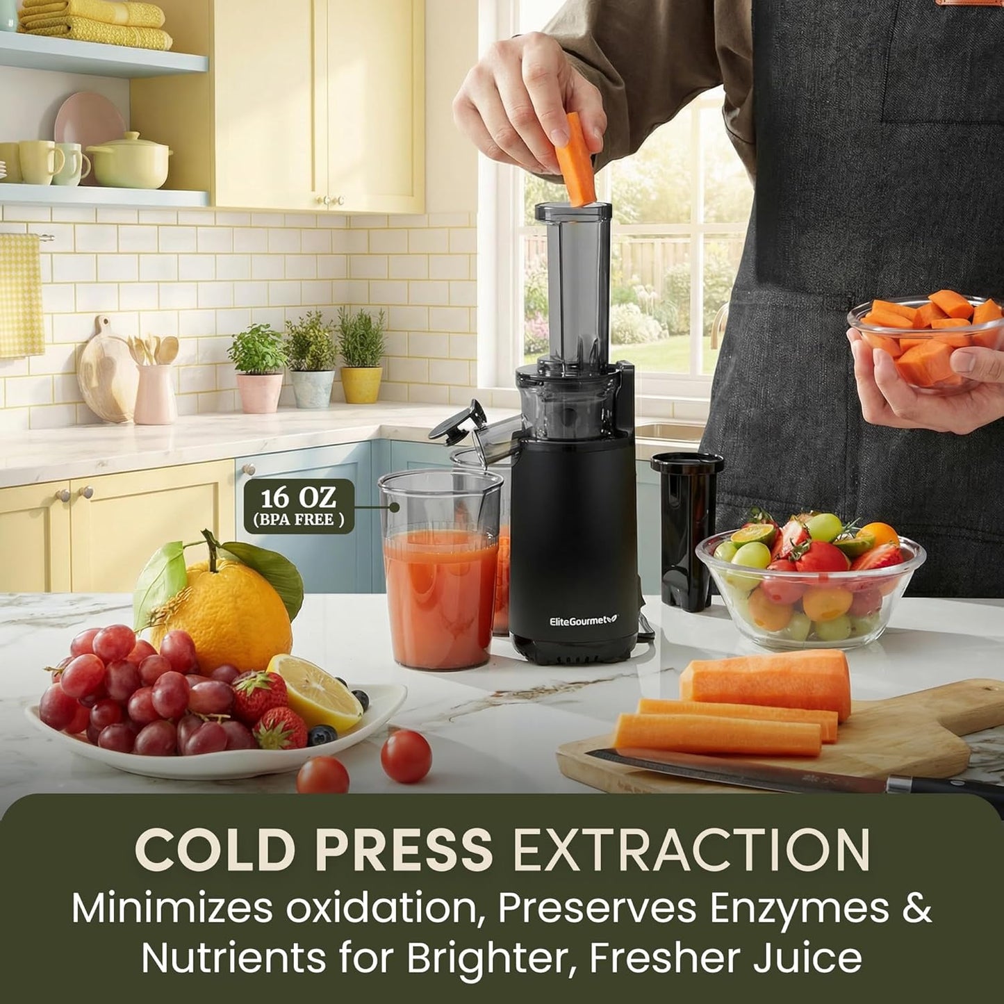 EJX600 Mini Compact Small Space-Saving Masticating Slow Juicer Cold Press Juice Extractor, Nutrient and Vitamin Dense, BPA-Free Tritan, Easy to Clean, 16 oz Juice Cup, Charcoal Grey