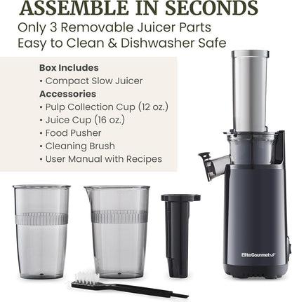 EJX600 Mini Compact Small Space-Saving Masticating Slow Juicer Cold Press Juice Extractor, Nutrient and Vitamin Dense, BPA-Free Tritan, Easy to Clean, 16 oz Juice Cup, Charcoal Grey