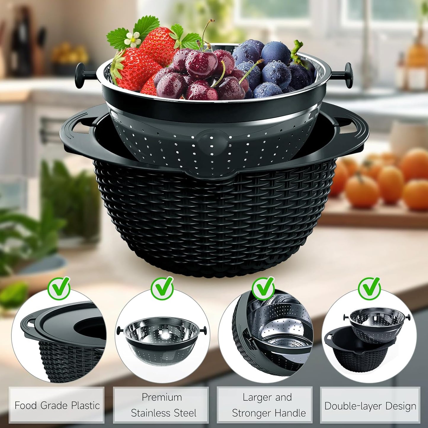 Over the Sink Colander - Strainers and Colanders - Sink Strainer Basket - Expandable Fine Mesh Strainer with Rubber Grip for Veggie, Fruits, Pasta, Home Kitchen Essentials (9.5W x 13.4-21.3L x 3.3H)