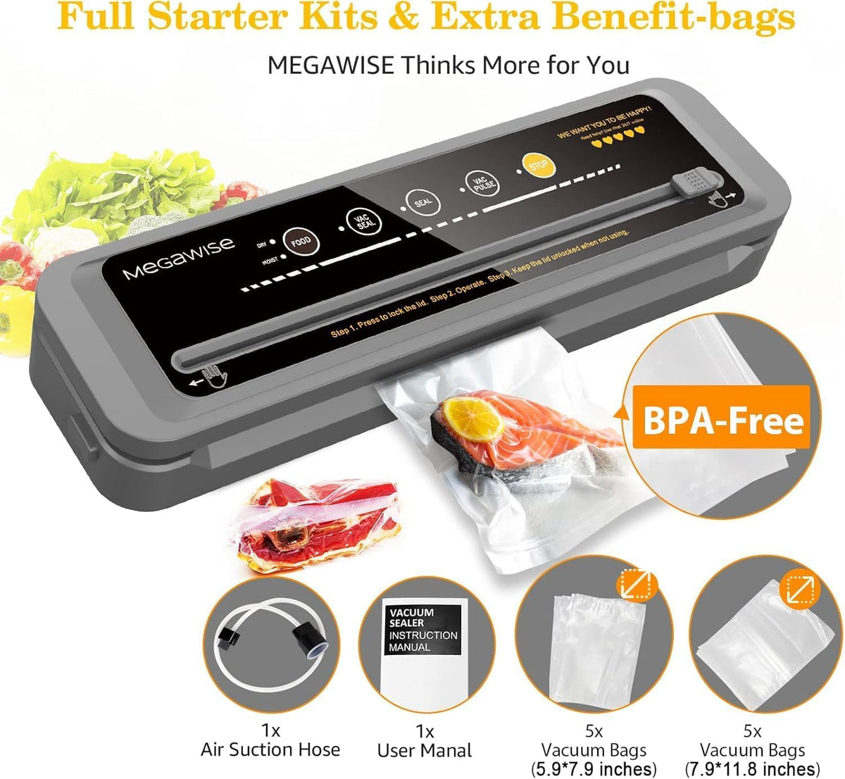 Vacuum Sealer Machine | 80kPa Suction Power | Vac Seal Machine | Bags and Cutter Included|Compact One-Touch Automatic with External Vacuum System|Dry Moist Fresh Modes for All Saving needs