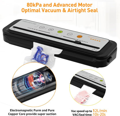 Vacuum Sealer Machine | 80kPa Suction Power | Vac Seal Machine | Bags and Cutter Included|Compact One-Touch Automatic with External Vacuum System|Dry Moist Fresh Modes for All Saving needs