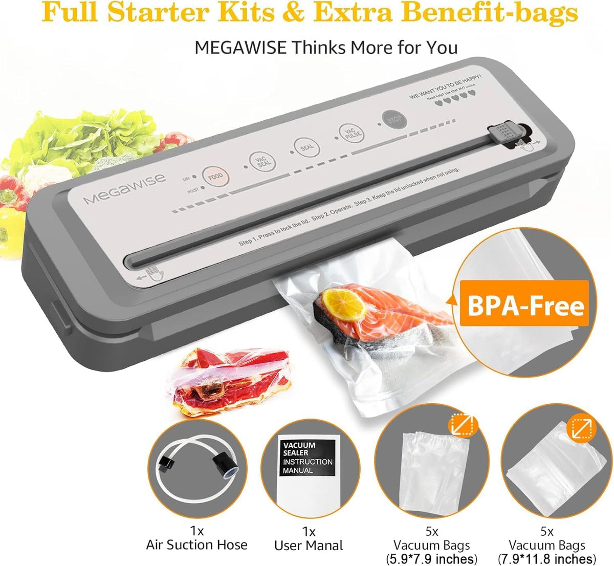 Vacuum Sealer Machine | 80kPa Suction Power | Vac Seal Machine | Bags and Cutter Included|Compact One-Touch Automatic with External Vacuum System|Dry Moist Fresh Modes for All Saving needs