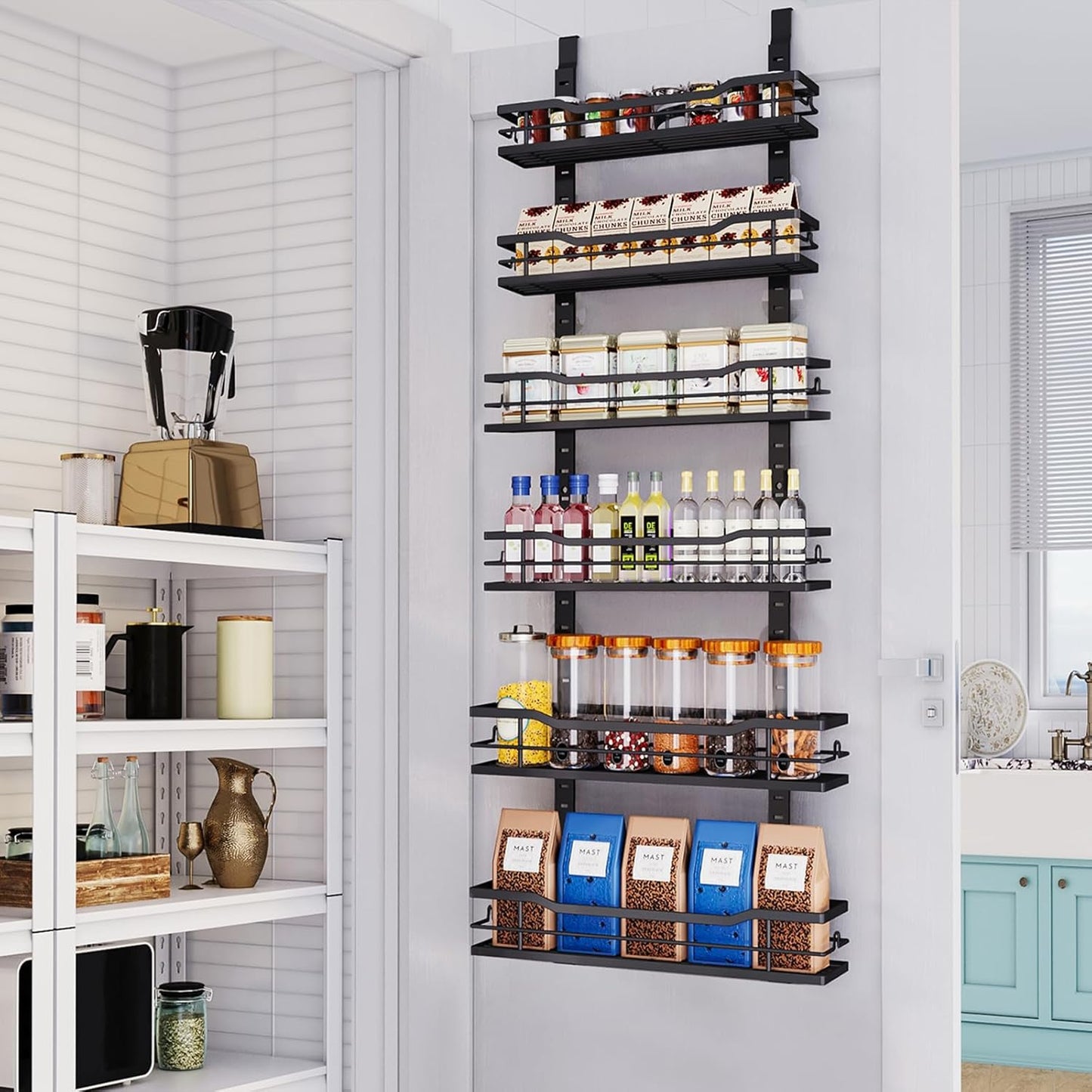 Over The Door Pantry Organizer，9-Tier Over The Door Organizer with Adjustable Basket，Metal Hanging Pantry Organizers and Storage for Kitchen, Back of Door Seasoning Rack