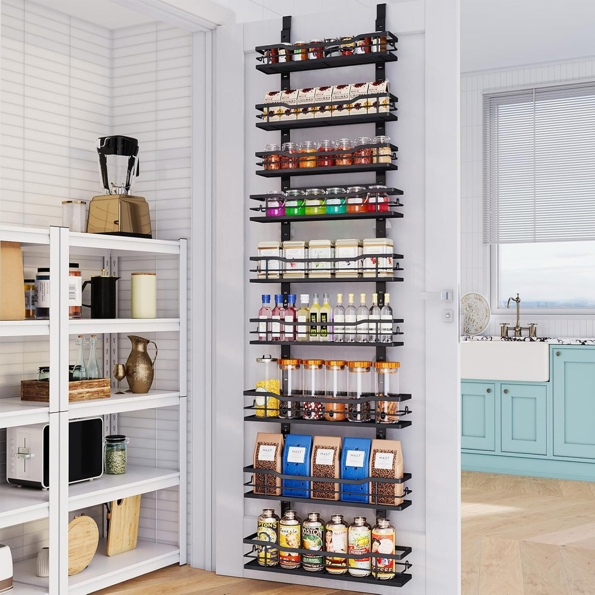 Over The Door Pantry Organizer，9-Tier Over The Door Organizer with Adjustable Basket，Metal Hanging Pantry Organizers and Storage for Kitchen, Back of Door Seasoning Rack