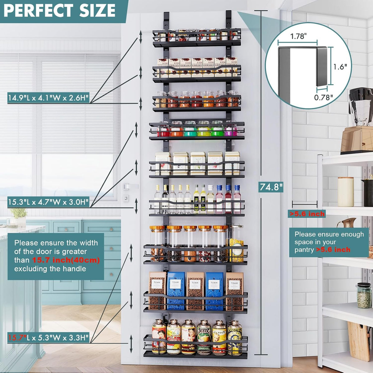 Over The Door Pantry Organizer，9-Tier Over The Door Organizer with Adjustable Basket，Metal Hanging Pantry Organizers and Storage for Kitchen, Back of Door Seasoning Rack