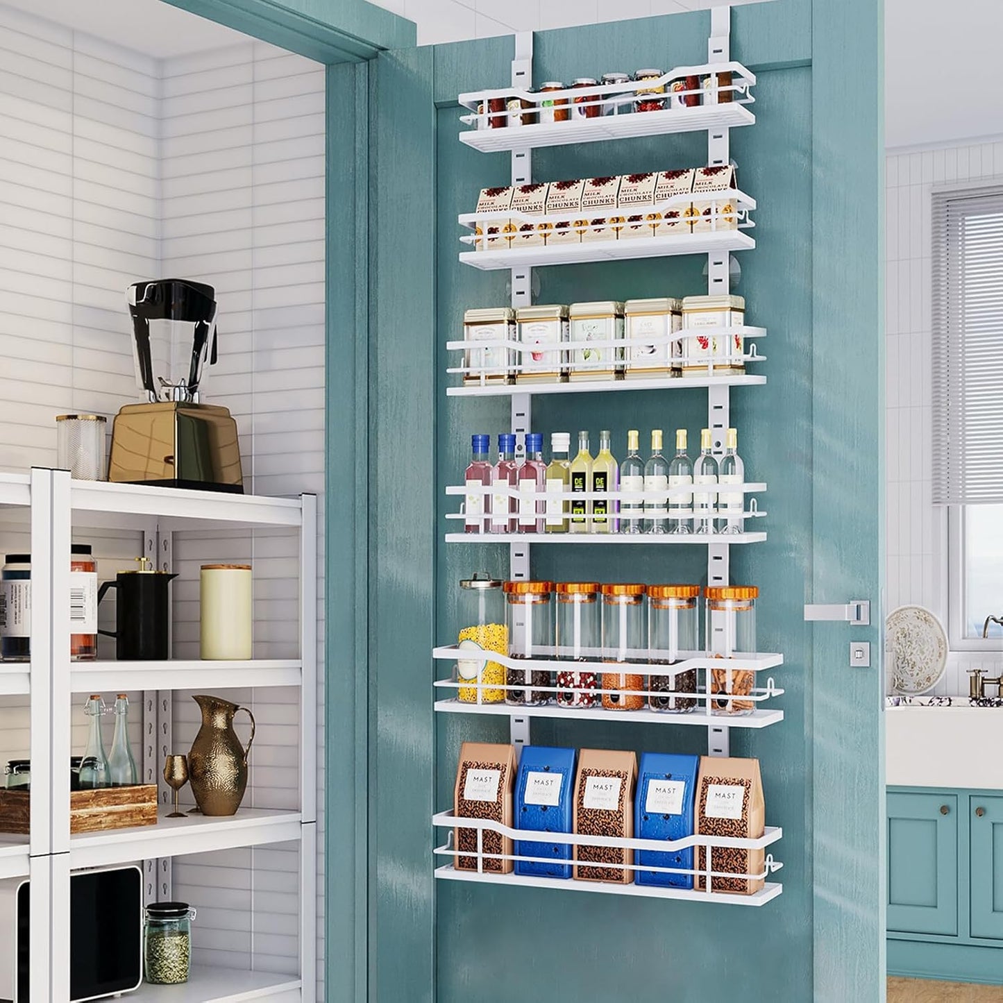 Over The Door Pantry Organizer，9-Tier Over The Door Organizer with Adjustable Basket，Metal Hanging Pantry Organizers and Storage for Kitchen, Back of Door Seasoning Rack