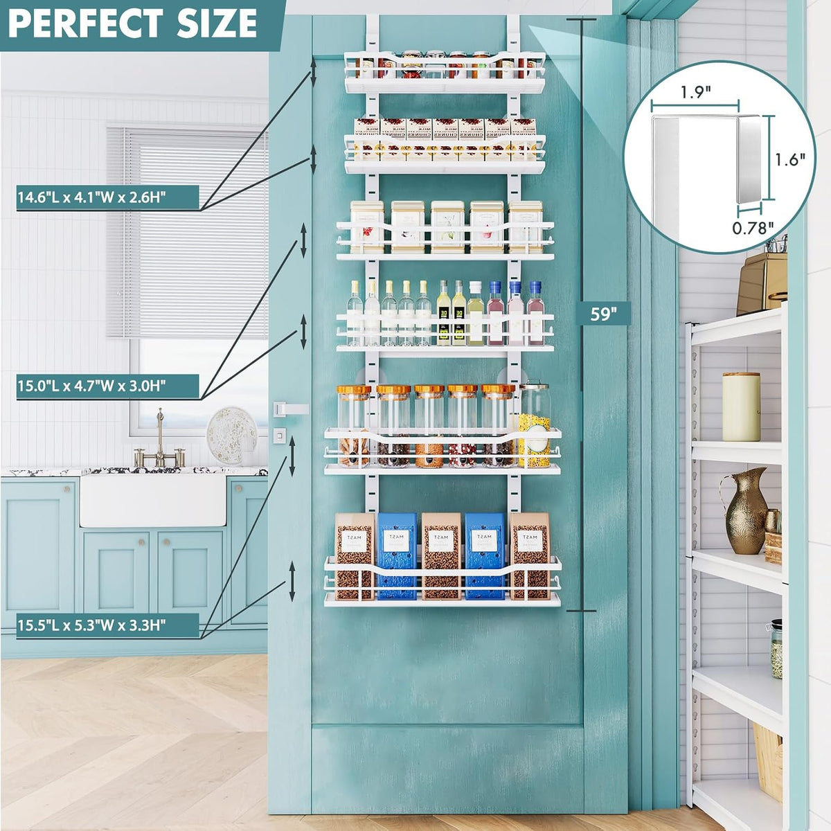 Over The Door Pantry Organizer，9-Tier Over The Door Organizer with Adjustable Basket，Metal Hanging Pantry Organizers and Storage for Kitchen, Back of Door Seasoning Rack