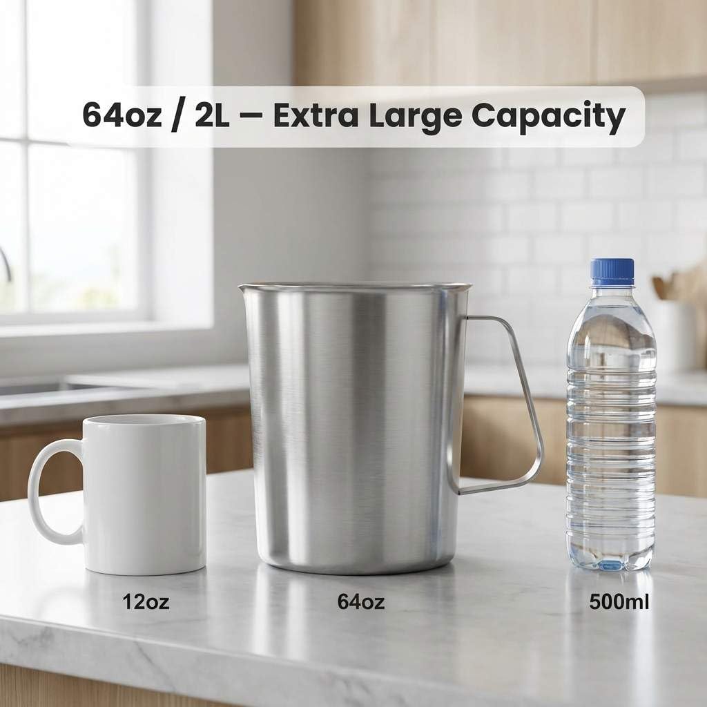 304 Stainless Steel Measuring Cup 64 OZ with OZ/ML Graduations, 8 Cup Kitchen Mixing Pitcher, Precision Engraved Markings, Container for Baking and Frothing, 2 Liter