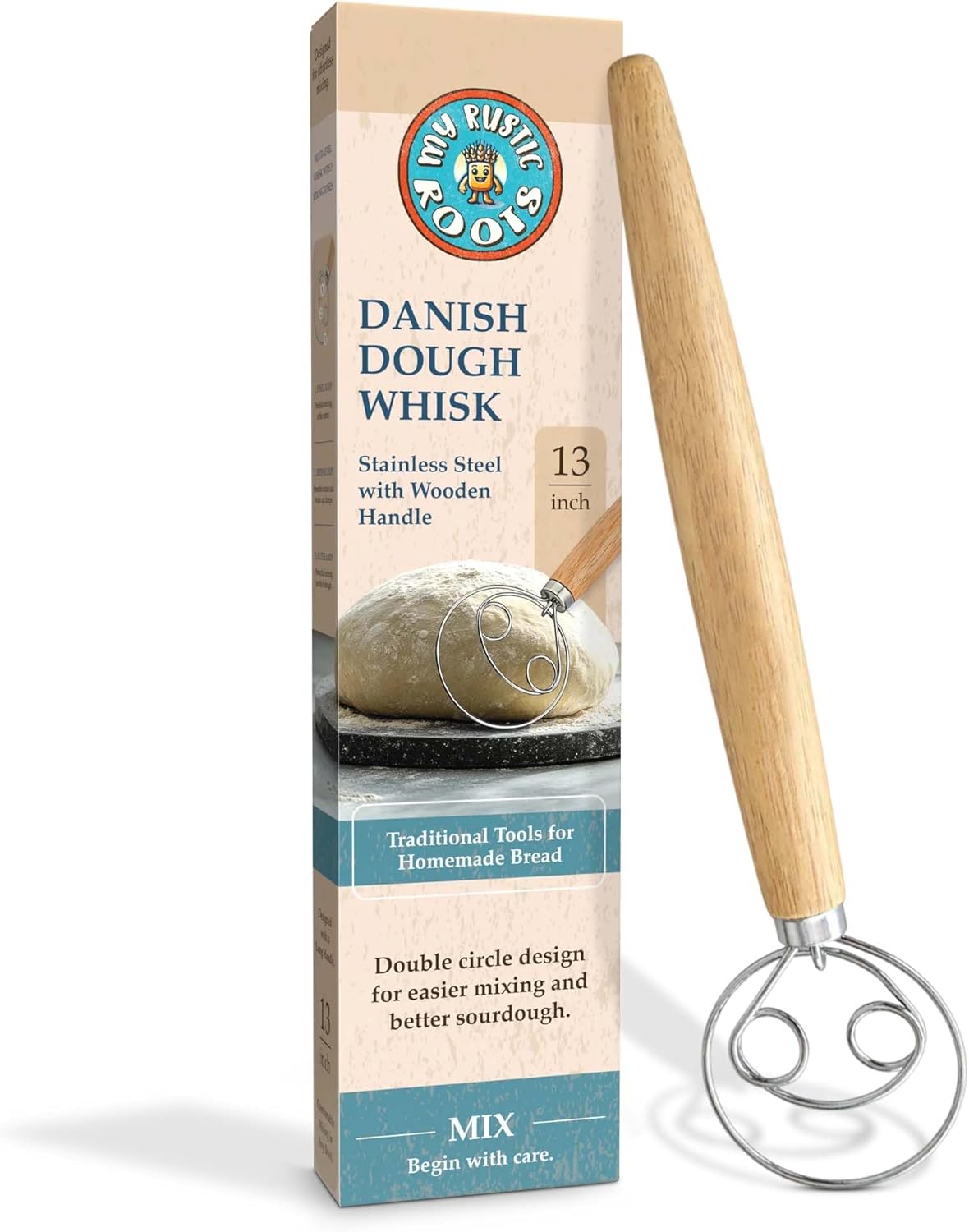 Danish Dough Whisk, 13-Inch Stainless Steel, Wooden Handle | 304 stainless steel, wooden handle, ergonomic grip; for sourdough, bread, pizza dough, pancake batter; hand wash only