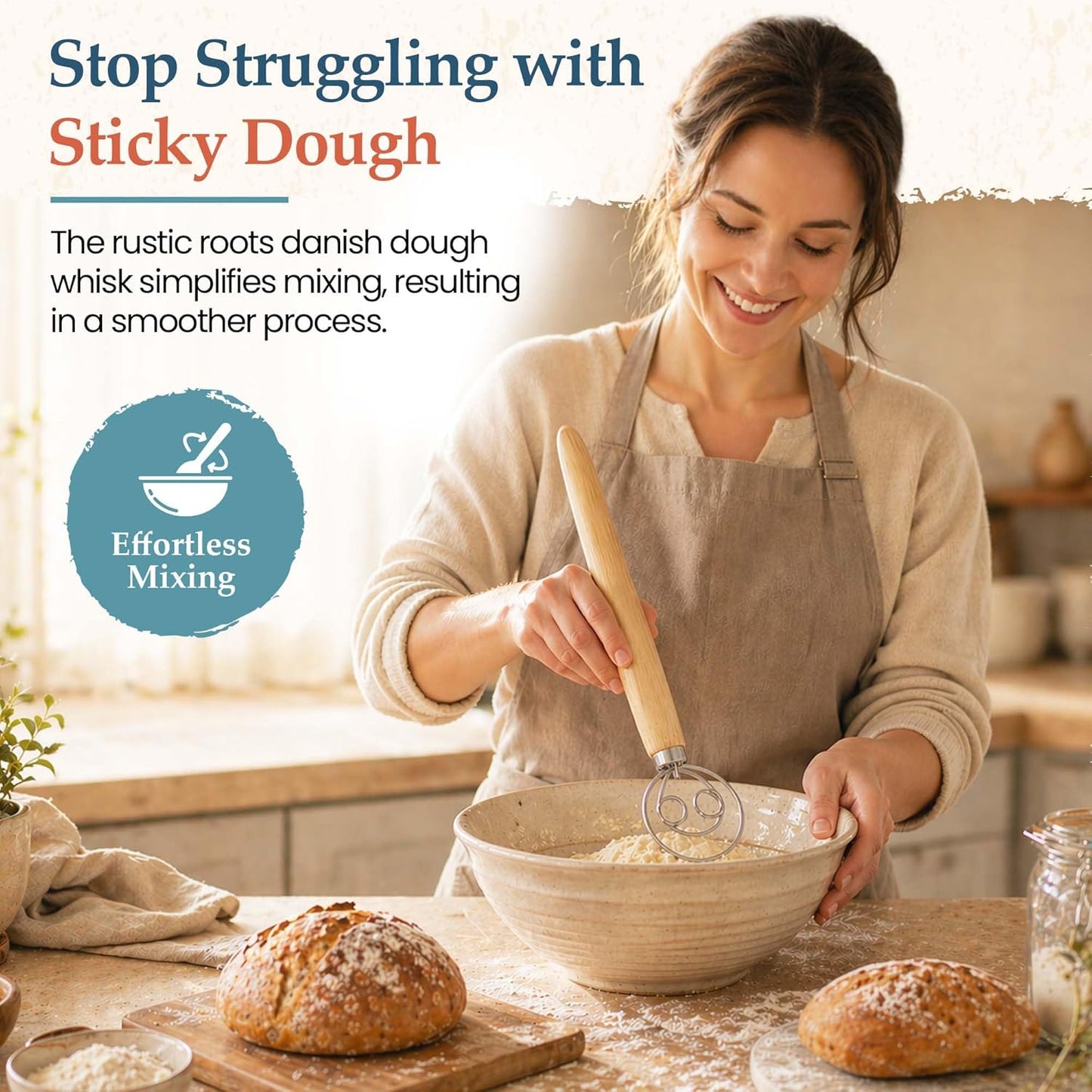 Danish Dough Whisk, 13-Inch Stainless Steel, Wooden Handle | 304 stainless steel, wooden handle, ergonomic grip; for sourdough, bread, pizza dough, pancake batter; hand wash only