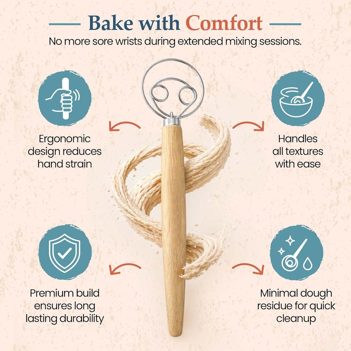 Danish Dough Whisk, 13-Inch Stainless Steel, Wooden Handle | 304 stainless steel, wooden handle, ergonomic grip; for sourdough, bread, pizza dough, pancake batter; hand wash only