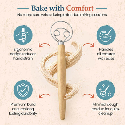 Danish Dough Whisk, 13-Inch Stainless Steel, Wooden Handle | 304 stainless steel, wooden handle, ergonomic grip; for sourdough, bread, pizza dough, pancake batter; hand wash only