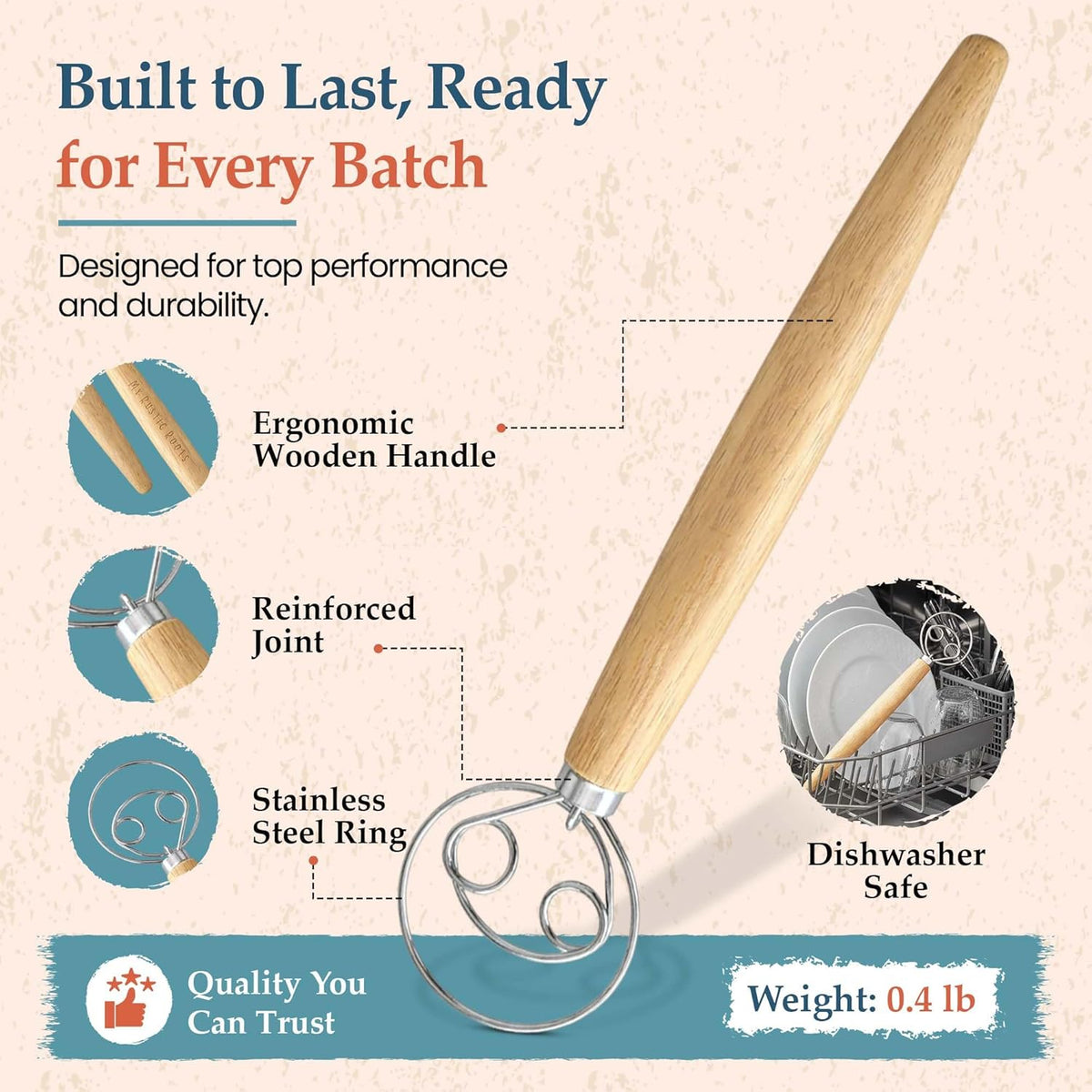 Danish Dough Whisk, 13-Inch Stainless Steel, Wooden Handle | 304 stainless steel, wooden handle, ergonomic grip; for sourdough, bread, pizza dough, pancake batter; hand wash only