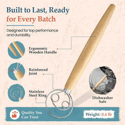 Danish Dough Whisk, 13-Inch Stainless Steel, Wooden Handle | 304 stainless steel, wooden handle, ergonomic grip; for sourdough, bread, pizza dough, pancake batter; hand wash only