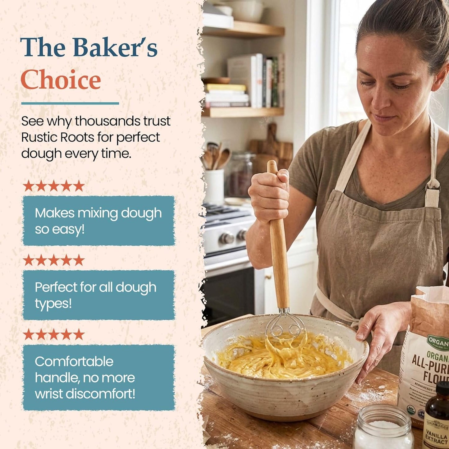 Danish Dough Whisk, 13-Inch Stainless Steel, Wooden Handle | 304 stainless steel, wooden handle, ergonomic grip; for sourdough, bread, pizza dough, pancake batter; hand wash only