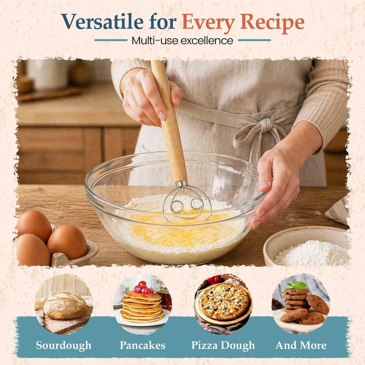 Danish Dough Whisk, 13-Inch Stainless Steel, Wooden Handle | 304 stainless steel, wooden handle, ergonomic grip; for sourdough, bread, pizza dough, pancake batter; hand wash only