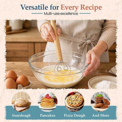 Danish Dough Whisk, 13-Inch Stainless Steel, Wooden Handle | 304 stainless steel, wooden handle, ergonomic grip; for sourdough, bread, pizza dough, pancake batter; hand wash only
