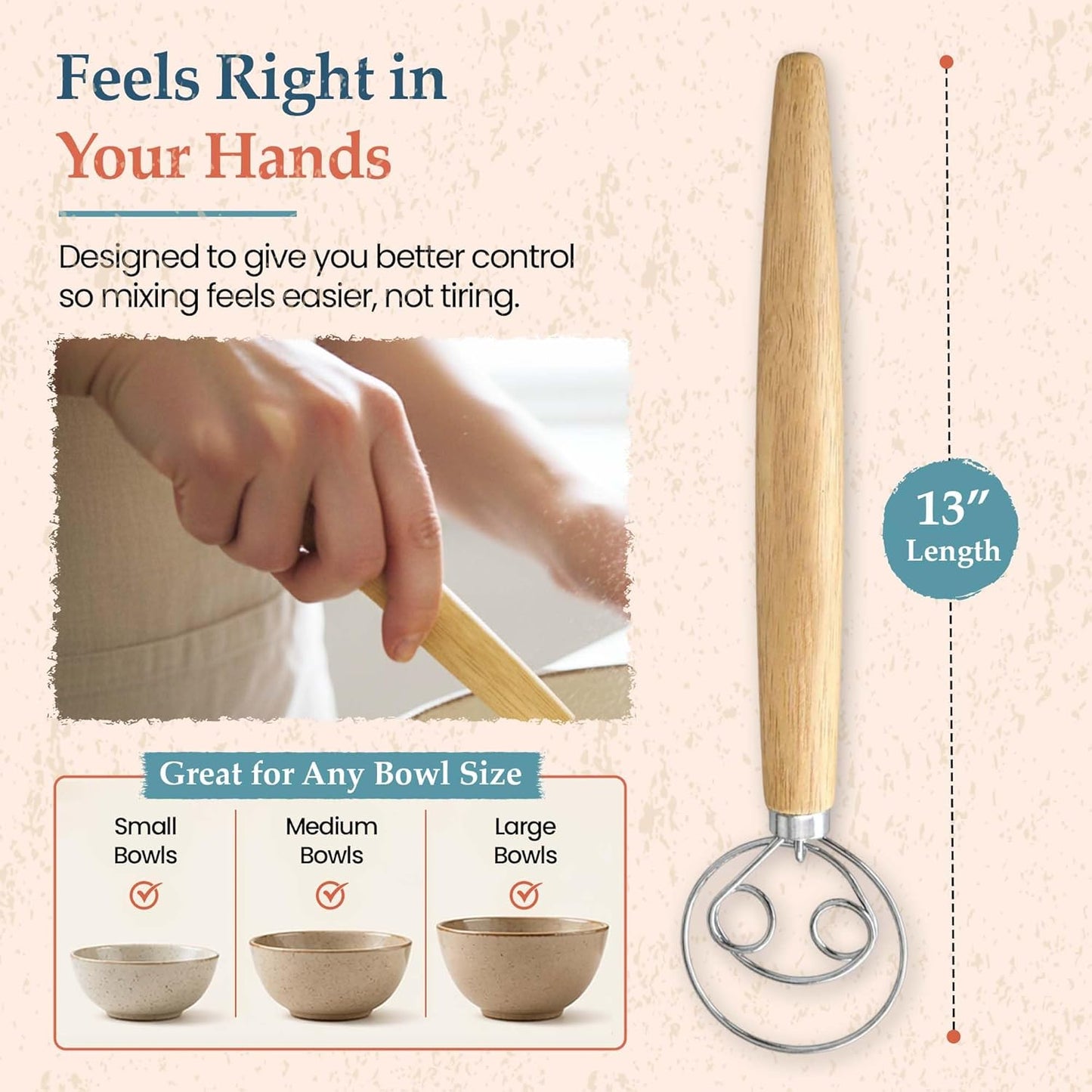 Danish Dough Whisk, 13-Inch Stainless Steel, Wooden Handle | 304 stainless steel, wooden handle, ergonomic grip; for sourdough, bread, pizza dough, pancake batter; hand wash only