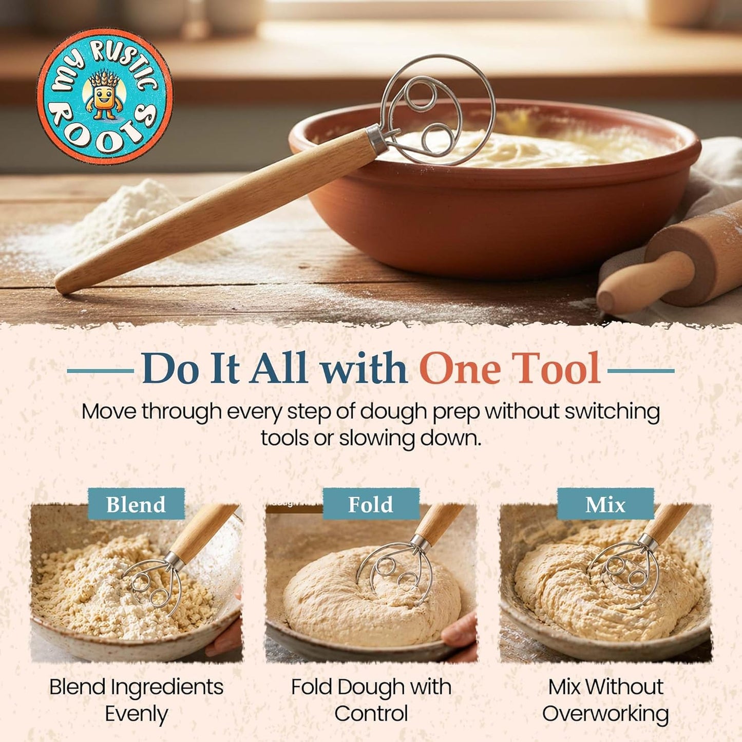 Danish Dough Whisk, 13-Inch Stainless Steel, Wooden Handle | 304 stainless steel, wooden handle, ergonomic grip; for sourdough, bread, pizza dough, pancake batter; hand wash only