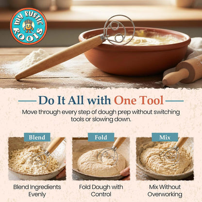 Danish Dough Whisk, 13-Inch Stainless Steel, Wooden Handle | 304 stainless steel, wooden handle, ergonomic grip; for sourdough, bread, pizza dough, pancake batter; hand wash only