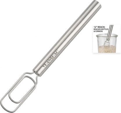 12" Sourdough Starter Stirrer -Narrow Stainless Steel Jar-Friendly Whisk - Heavy-Duty Danish Dough Mixer fits Weck, Mason & Tall Jars - Long Handle Stirring Tool for Thick Starters, Dishwasher Safe