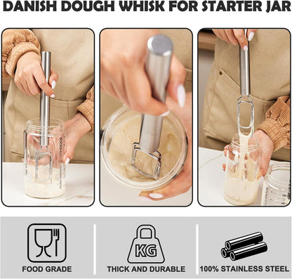 12" Sourdough Starter Stirrer -Narrow Stainless Steel Jar-Friendly Whisk - Heavy-Duty Danish Dough Mixer fits Weck, Mason & Tall Jars - Long Handle Stirring Tool for Thick Starters, Dishwasher Safe