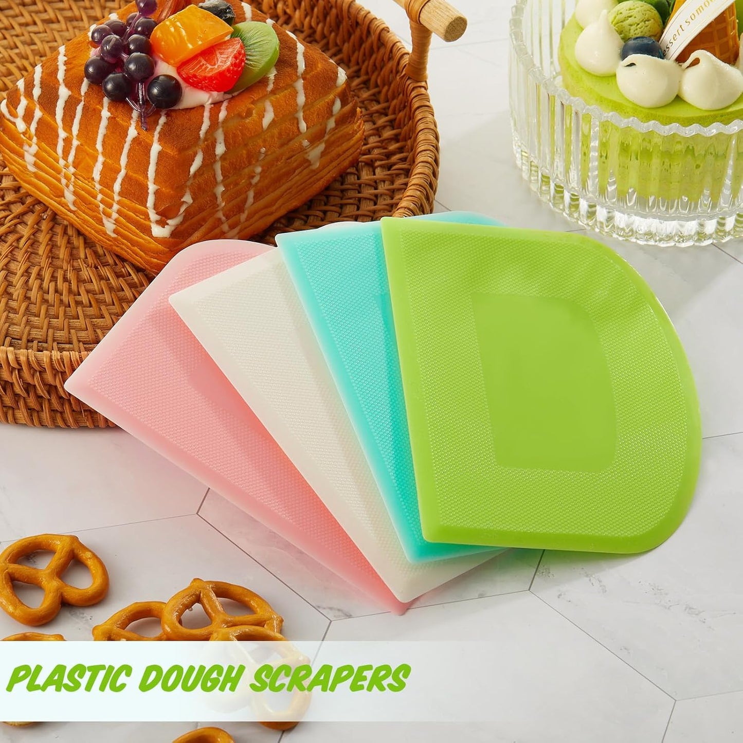 20 Pcs Plastic Dough Scrapers Set, Flexible Bowl Scraper for Baking Bread Pizza Cake Pastry, Dough Cutter Scraper Tool for Kitchen, 4 Colors (White Pink Green Blue), 4.69 x 3.7 Inch