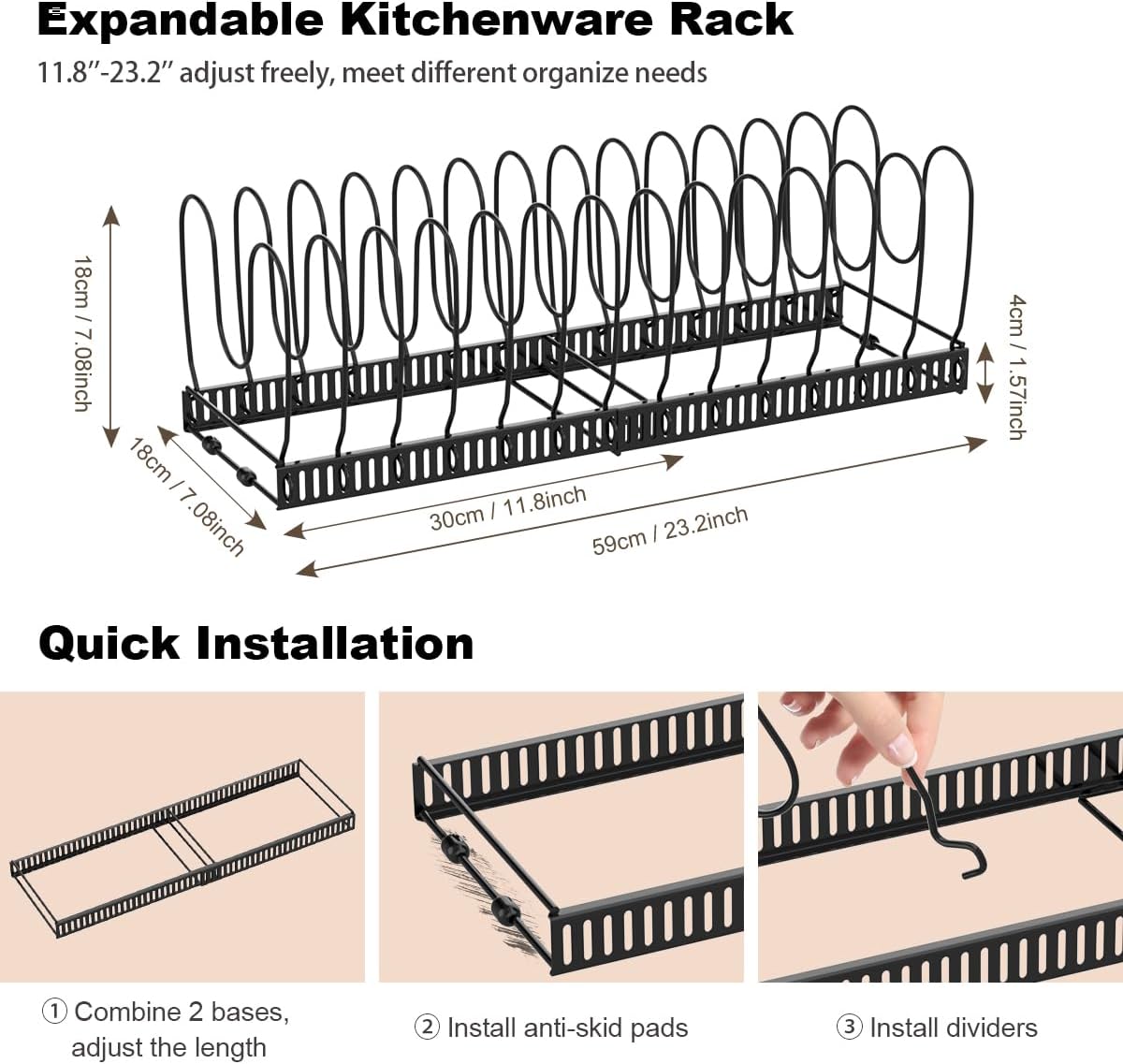 Pot and Pan Lid Organizer Holder Storage Rack, Black | 12"-23" Expandable, 14 Adjustable Dividers, Sturdy Metal Construction, Easy Assembly