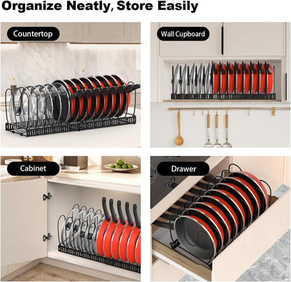 Pot and Pan Lid Organizer Holder Storage Rack, Black | 12"-23" Expandable, 14 Adjustable Dividers, Sturdy Metal Construction, Easy Assembly