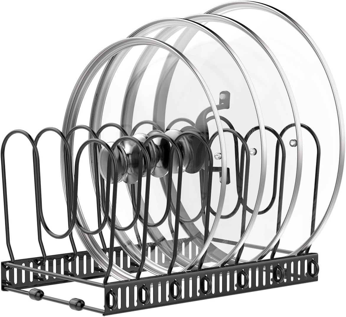 Pot and Pan Lid Organizer Holder Storage Rack, Black | 12"-23" Expandable, 14 Adjustable Dividers, Sturdy Metal Construction, Easy Assembly