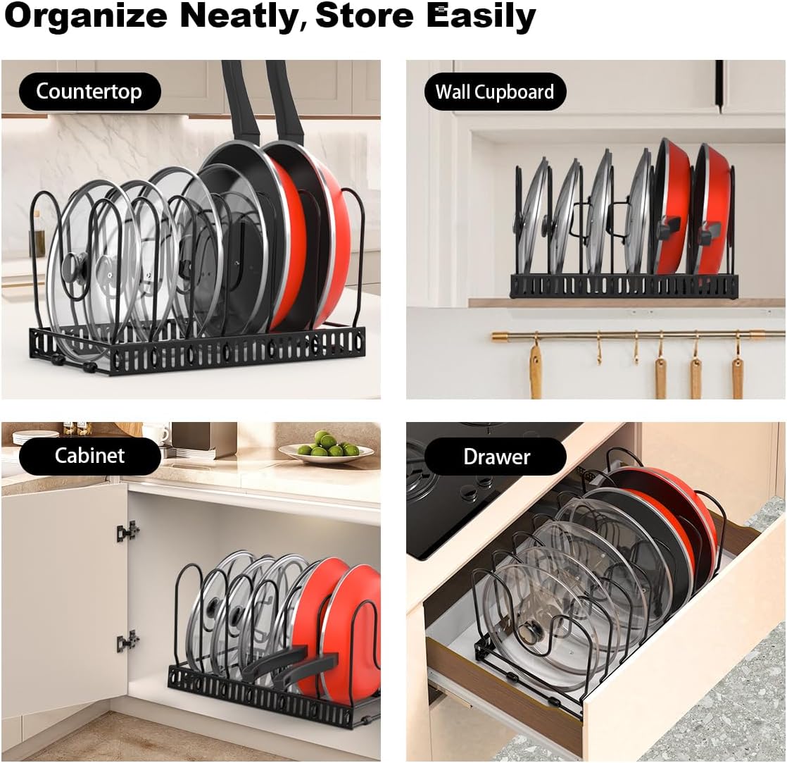 Pot and Pan Lid Organizer Holder Storage Rack, Black | 12"-23" Expandable, 14 Adjustable Dividers, Sturdy Metal Construction, Easy Assembly