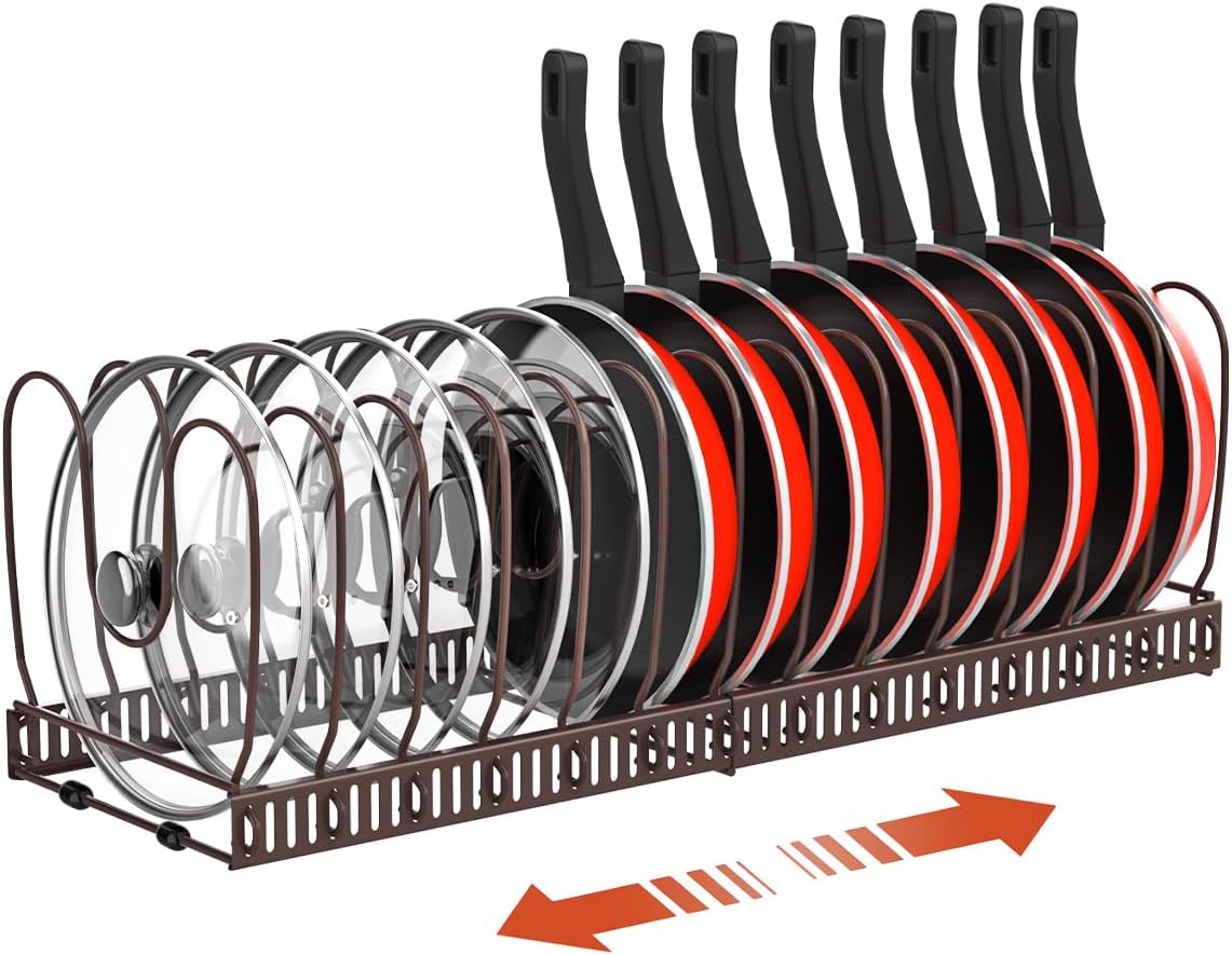 Pot and Pan Lid Organizer Holder Storage Rack, Black | 12"-23" Expandable, 14 Adjustable Dividers, Sturdy Metal Construction, Easy Assembly