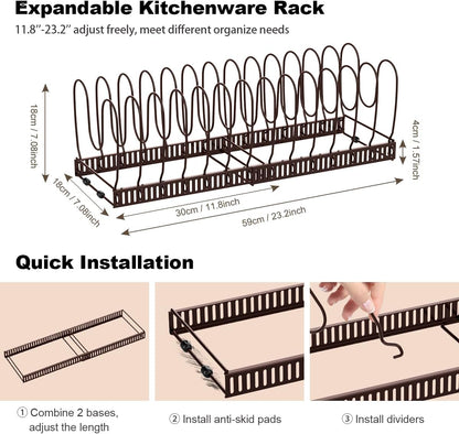 Pot and Pan Lid Organizer Holder Storage Rack, Black | 12"-23" Expandable, 14 Adjustable Dividers, Sturdy Metal Construction, Easy Assembly