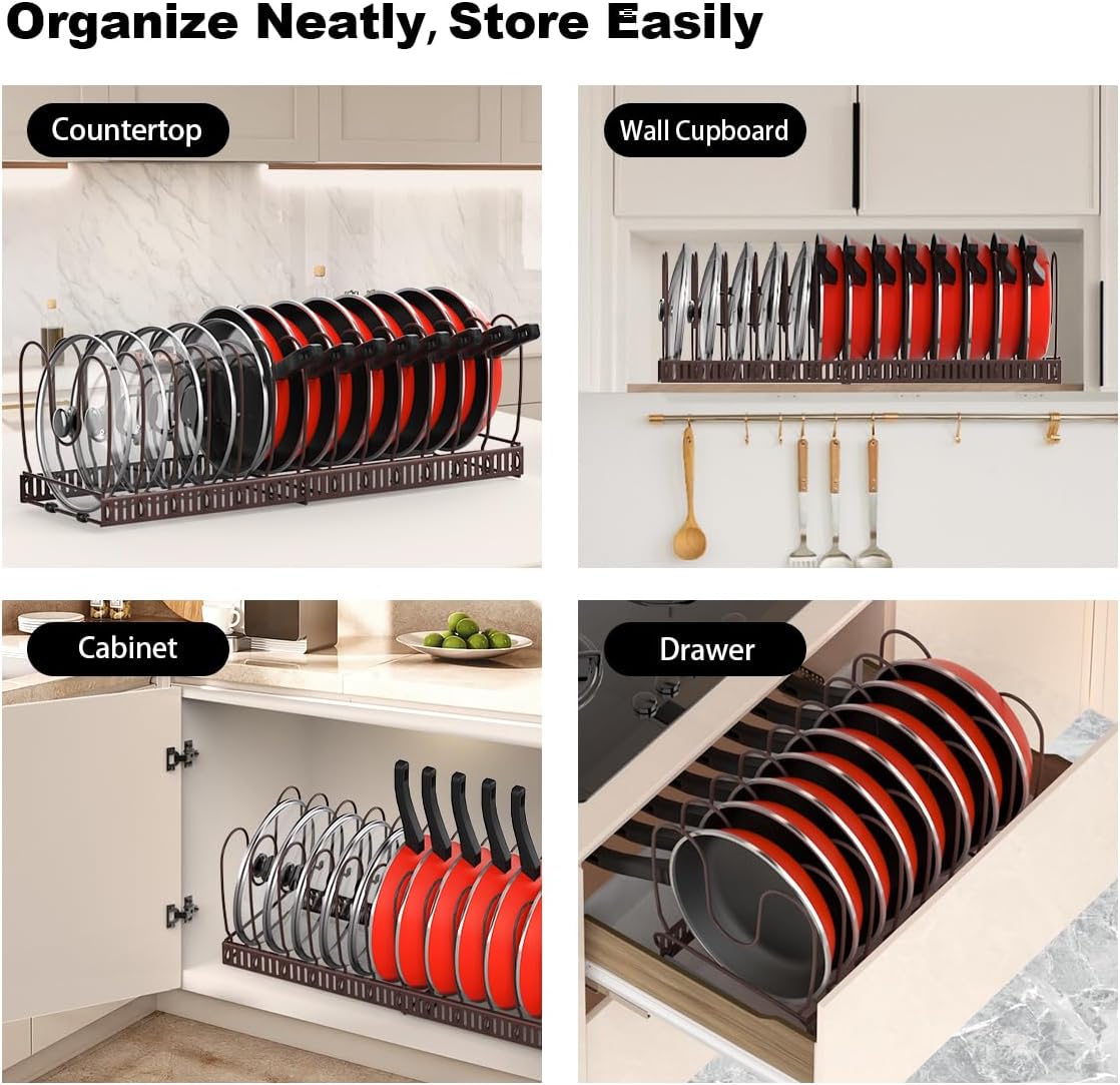 Pot and Pan Lid Organizer Holder Storage Rack, Black | 12"-23" Expandable, 14 Adjustable Dividers, Sturdy Metal Construction, Easy Assembly