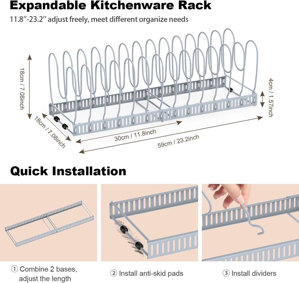 Pot and Pan Lid Organizer Holder Storage Rack, Black | 12"-23" Expandable, 14 Adjustable Dividers, Sturdy Metal Construction, Easy Assembly