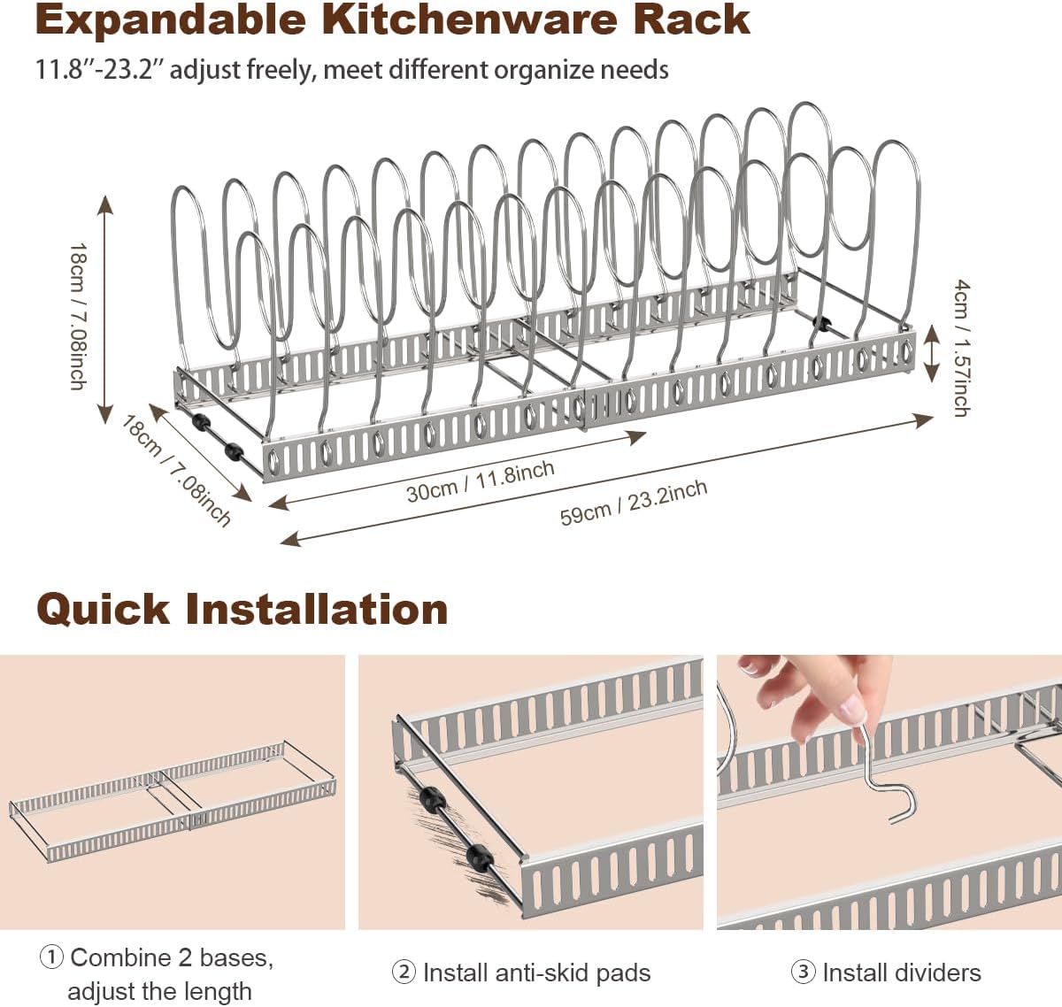 Pot and Pan Lid Organizer Holder Storage Rack, Black | 12"-23" Expandable, 14 Adjustable Dividers, Sturdy Metal Construction, Easy Assembly