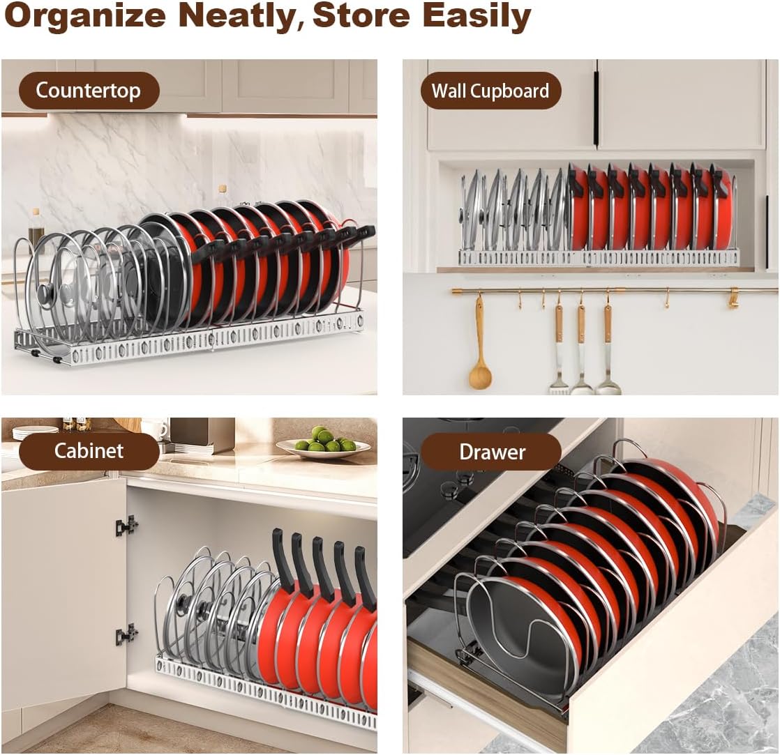 Pot and Pan Lid Organizer Holder Storage Rack, Black | 12"-23" Expandable, 14 Adjustable Dividers, Sturdy Metal Construction, Easy Assembly