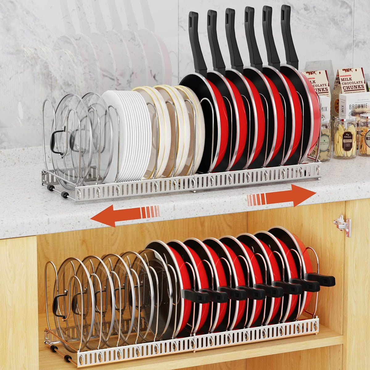 Pot and Pan Lid Organizer Holder Storage Rack, Black | 12"-23" Expandable, 14 Adjustable Dividers, Sturdy Metal Construction, Easy Assembly